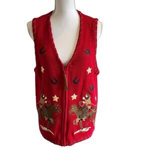 Tiara International Horse Vest Medium Red Cowboy Applique Zip Leather Vintage